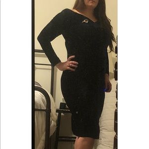 Navy Velvet Long Sleeved Cape Cod Wiggle Dress